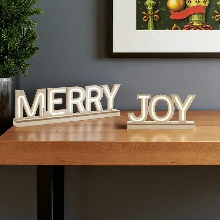Set of Two Beige And White Tabletop Sign with LED
