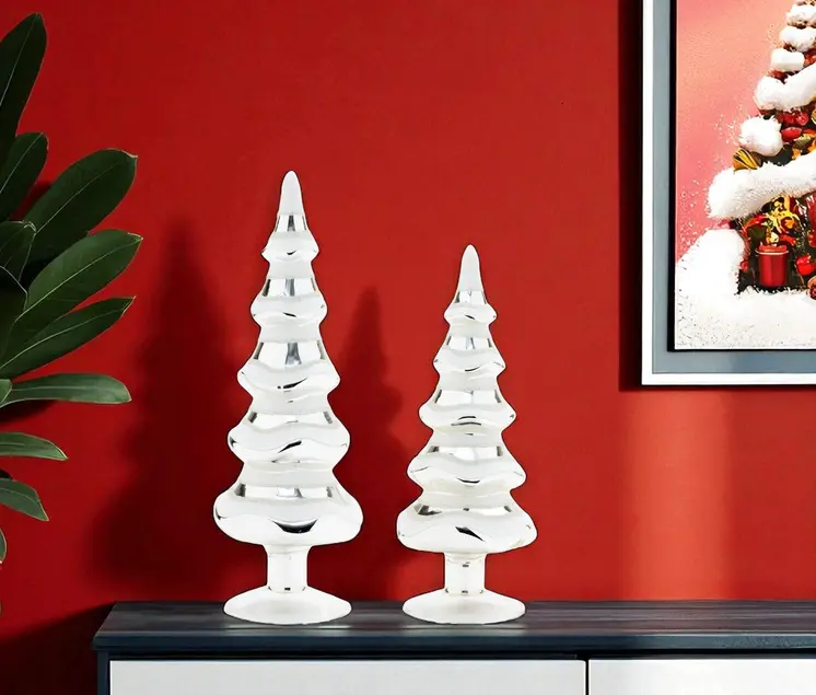 Set of Two Silver And White Glass Tabletop Sculpture