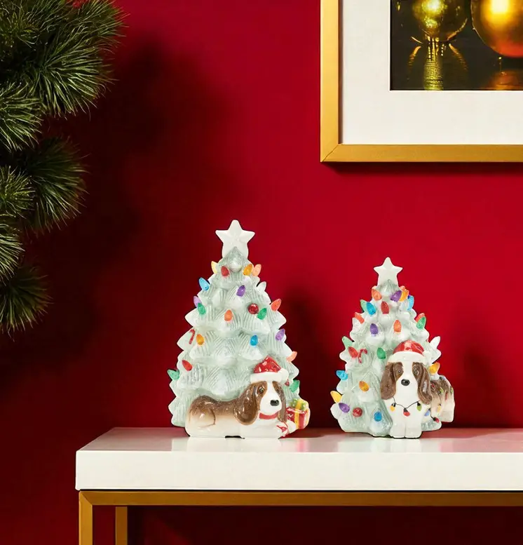 Set of Two White Green And Red Ceramic Tabletop Sculpture