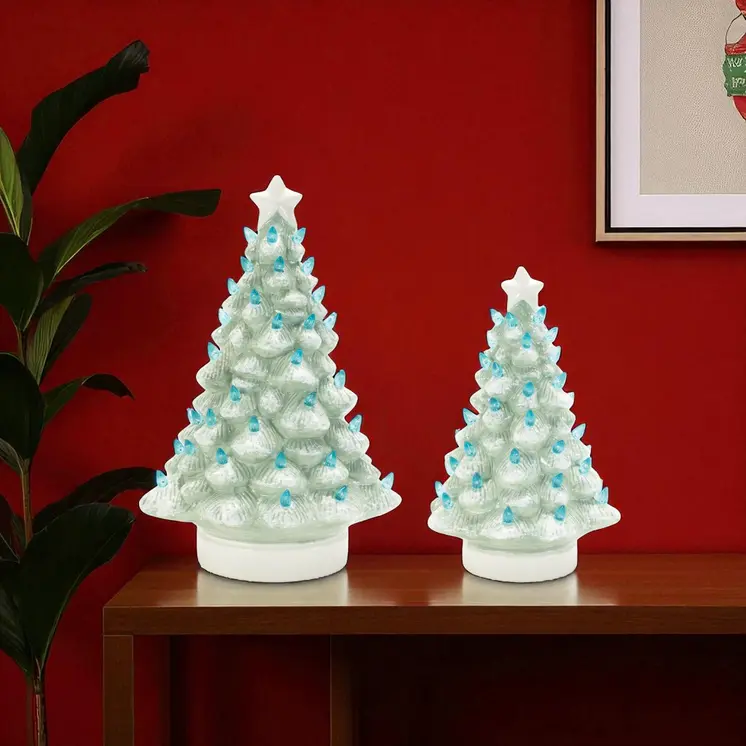 Set of Two Blue And White Ceramic Tabletop Sculpture with LED