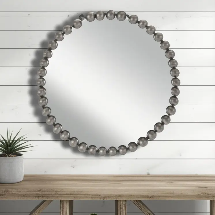 24" Dark Gray Iron Beaded Round Accent Mirror