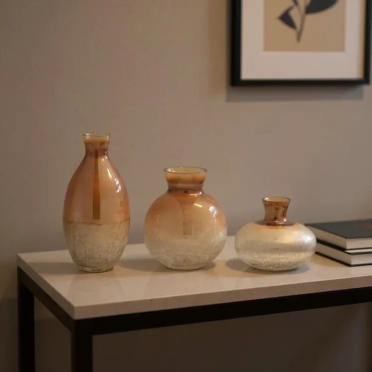 Set of Three Beige And Brown Crackle Glaze Glass Table Vases