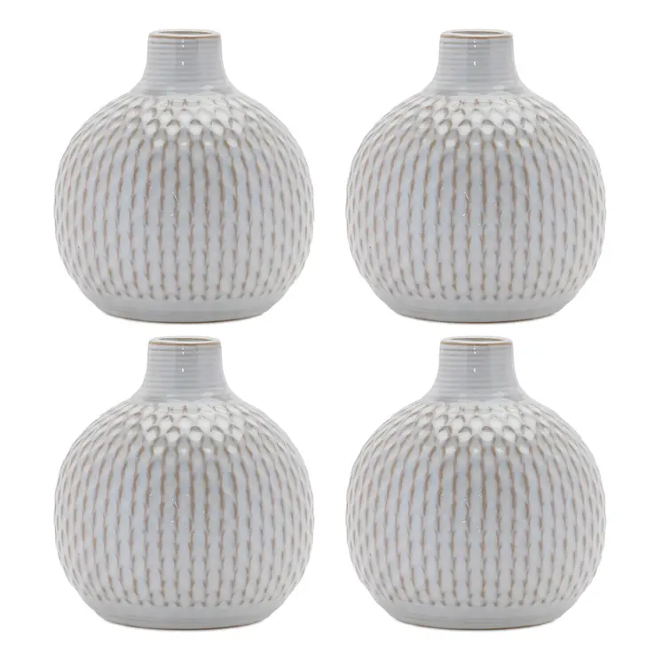 Set of Four Natural And Off White Ceramic Bud Vases With Sculptural Details