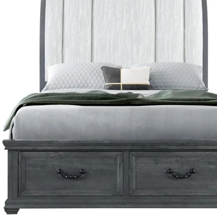 Gray Distressed Wood And Upholstery King Bed Frame With Drawers