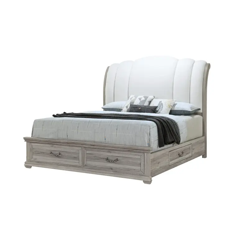 Natural and Light Gray Distressed Wood And Upholstery Queen Bed Frame With Drawers