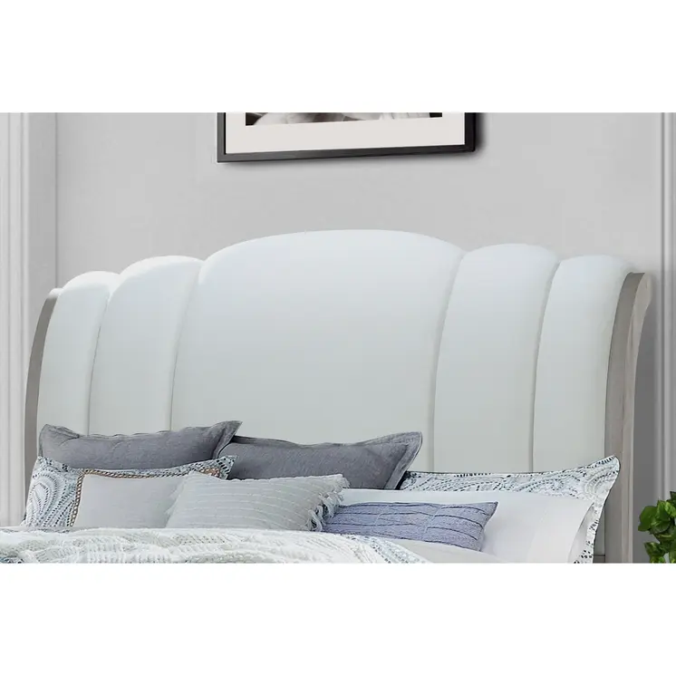 Natural and Light Gray Distressed Wood And Upholstery Queen Bed Frame With Drawers