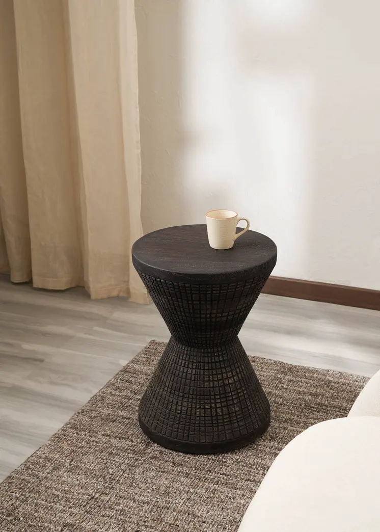 22" Black Distressed Solid Wood Round Drum End Table