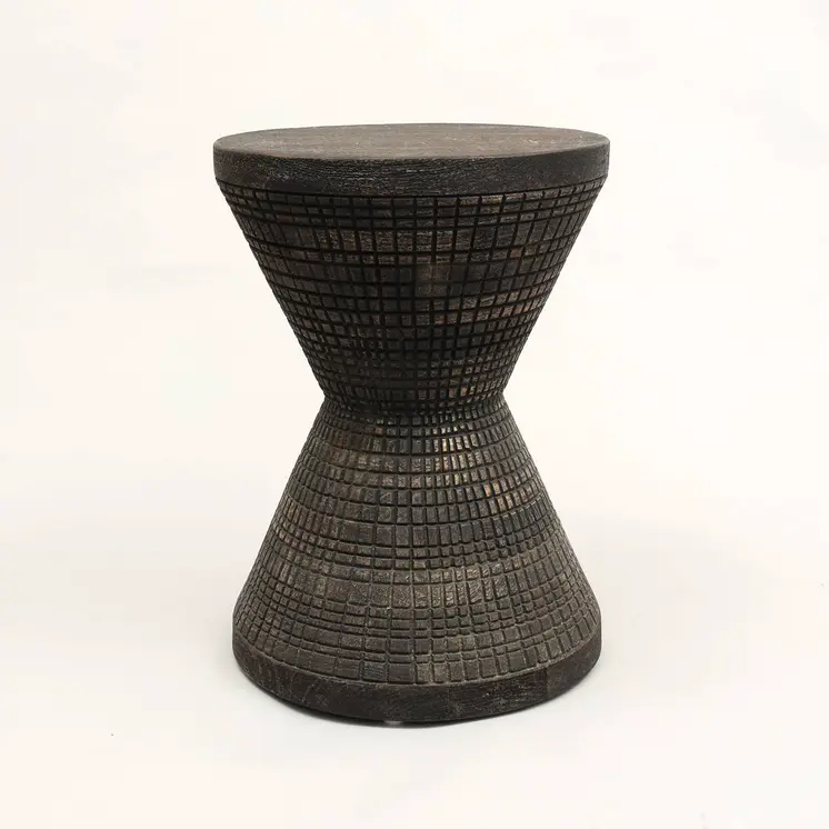 22" Black Distressed Solid Wood Round Drum End Table