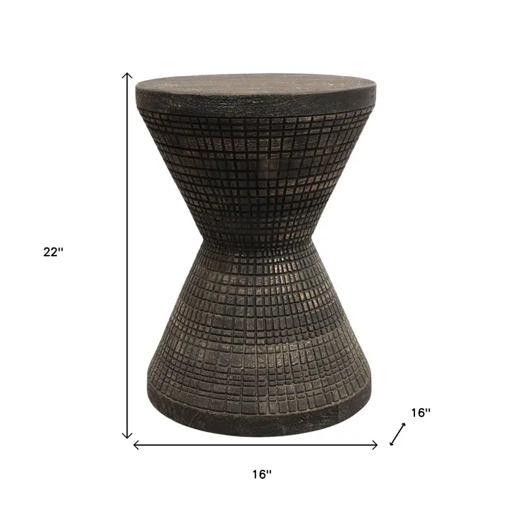 22" Black Distressed Solid Wood Round Drum End Table