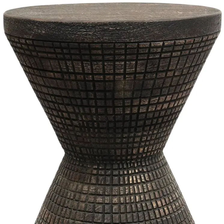 22" Black Distressed Solid Wood Round Drum End Table