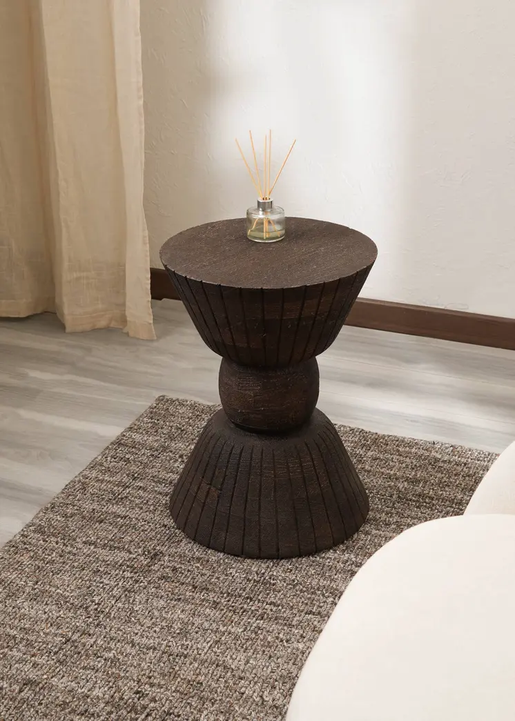 22" Brown Distressed Solid Wood Round Drum End Table