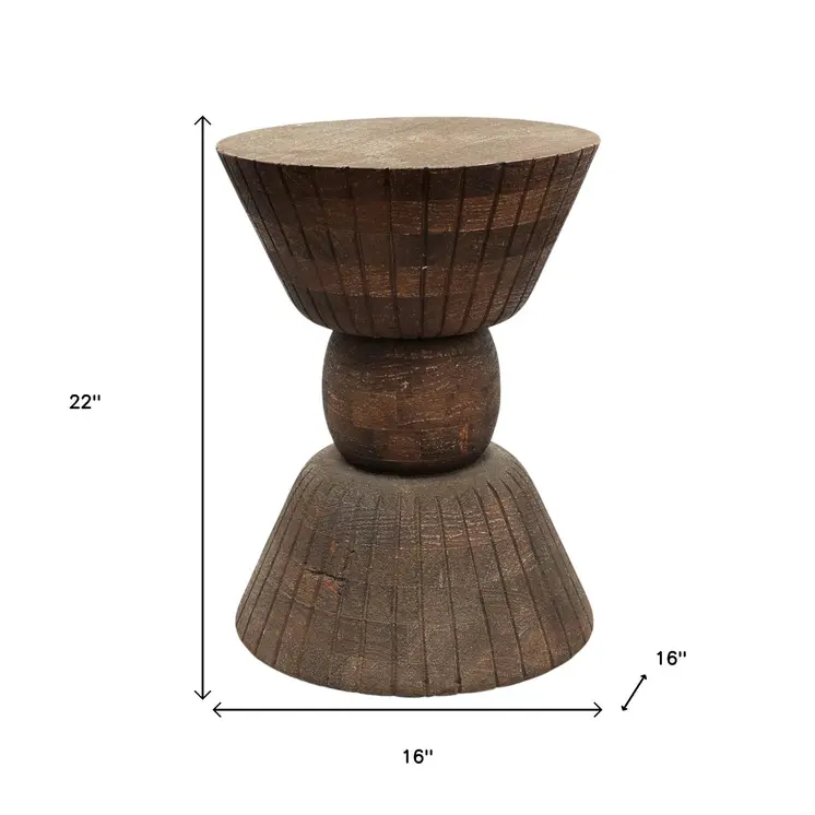 22" Brown Distressed Solid Wood Round Drum End Table