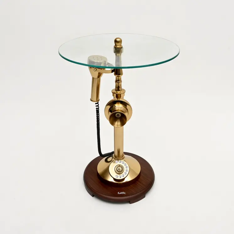25" Clear and Gold Glass and Aluminum Vintage Telephone Base End Table