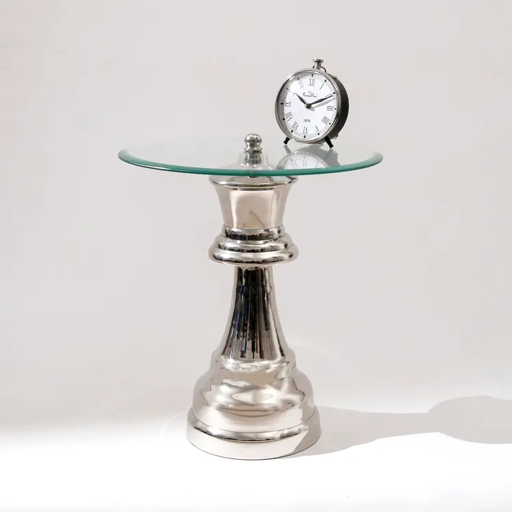 21" Clear and Silver Glass and Aluminum Chess Queen End Table