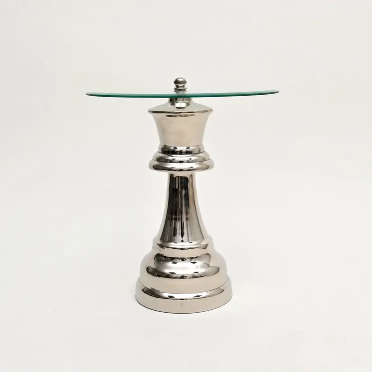 21" Clear and Silver Glass and Aluminum Chess Queen End Table