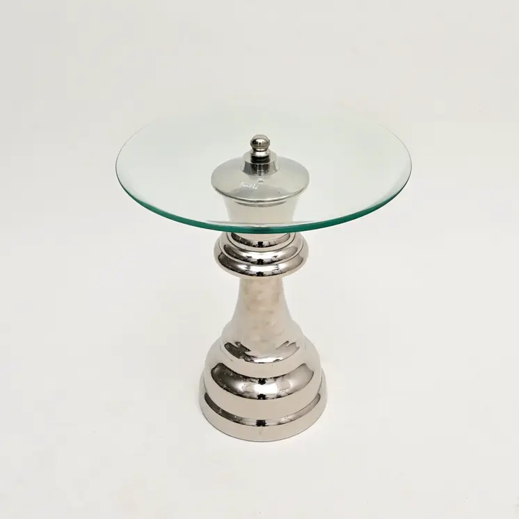 21" Clear and Silver Glass and Aluminum Chess Queen End Table