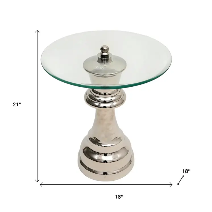 21" Clear and Silver Glass and Aluminum Chess Queen End Table