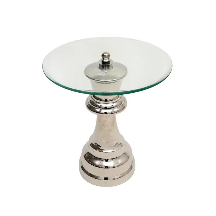 21" Clear and Silver Glass and Aluminum Chess Queen End Table