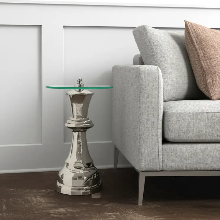 21" Clear and Silver Glass and Aluminum Chess Queen End Table