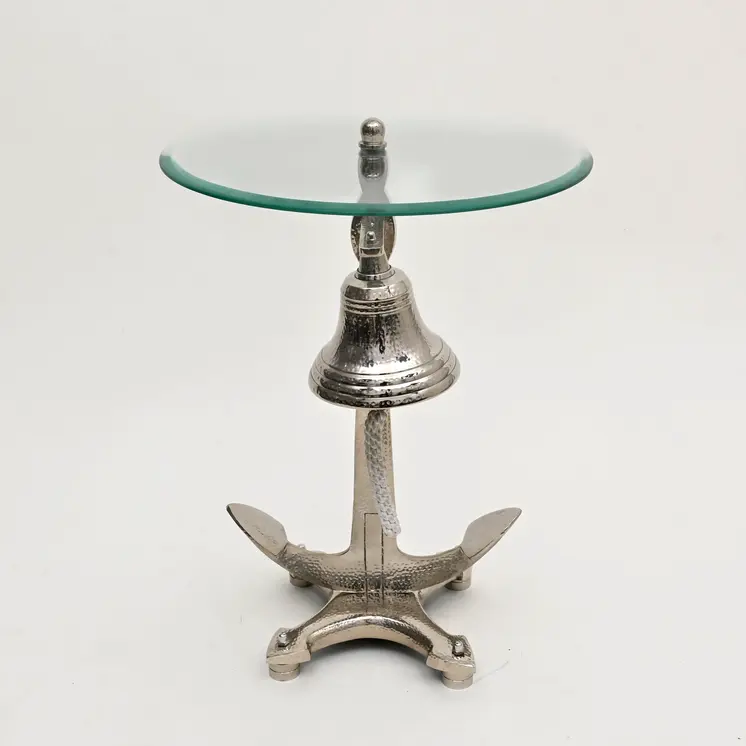 24" Clear and Silver Glass and Aluminum Nautical Bell End Table