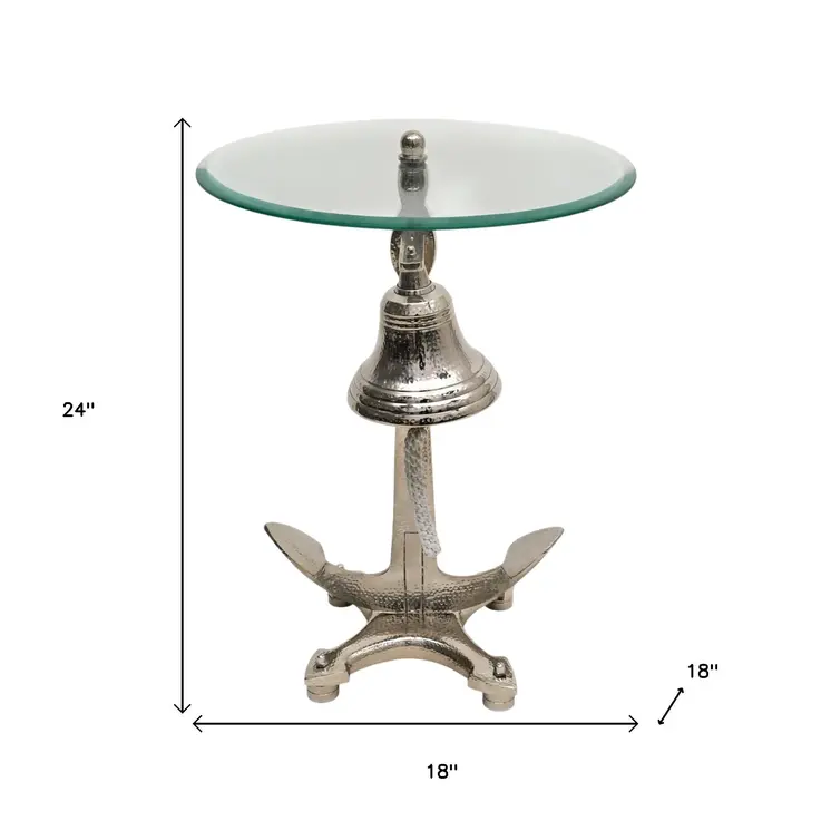 24" Clear and Silver Glass and Aluminum Nautical Bell End Table