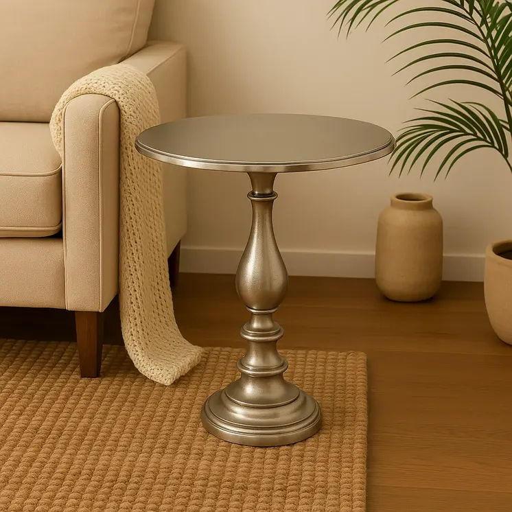 26" Silver Aluminum Round Pedestal End Table