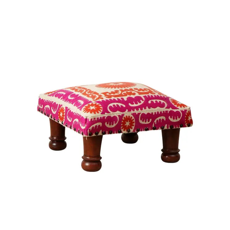 16" Pink Orange And Natural Cotton Embroidered Medallion Footstool