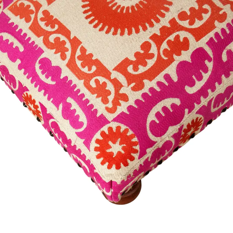 16" Pink Orange And Natural Cotton Embroidered Medallion Footstool