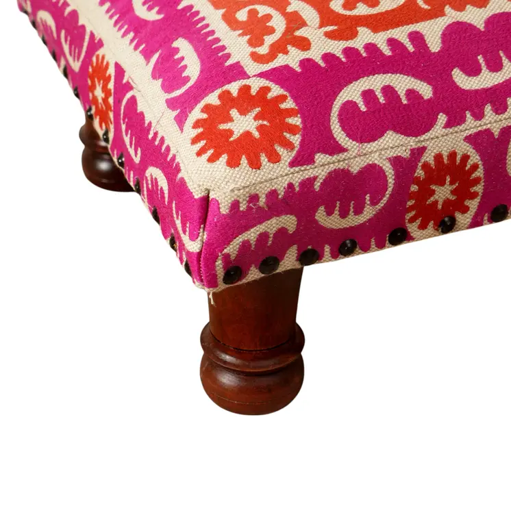 16" Pink Orange And Natural Cotton Embroidered Medallion Footstool