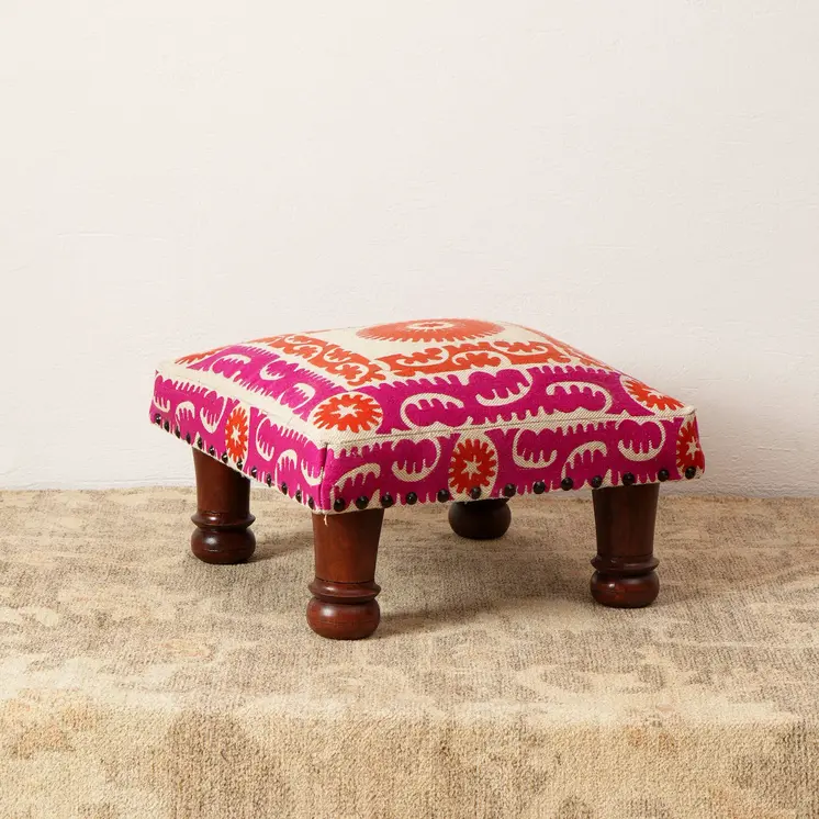 16" Pink Orange And Natural Cotton Embroidered Medallion Footstool