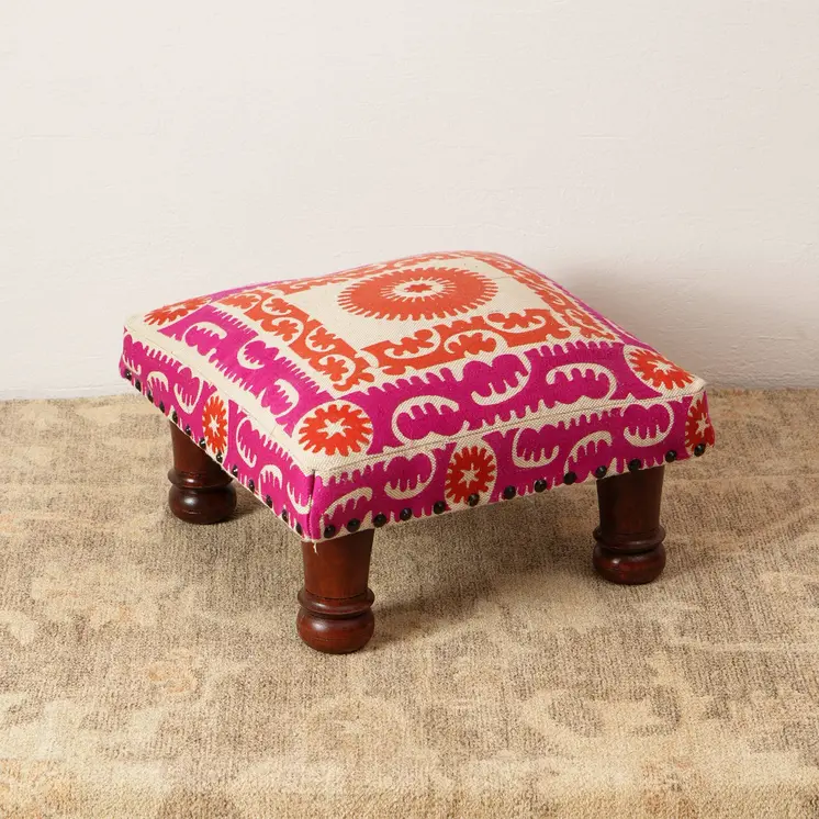 16" Pink Orange And Natural Cotton Embroidered Medallion Footstool