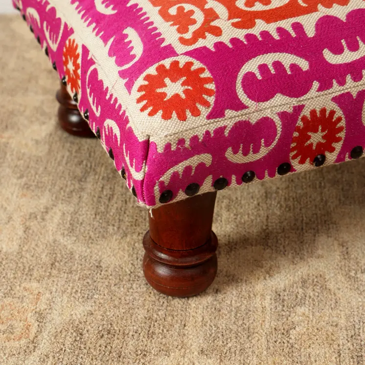 16" Pink Orange And Natural Cotton Embroidered Medallion Footstool
