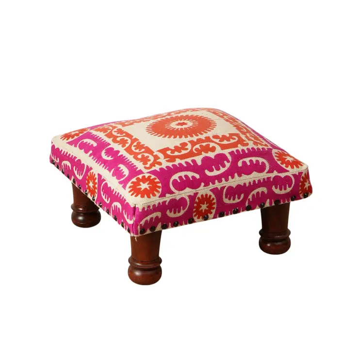 16" Pink Orange And Natural Cotton Embroidered Medallion Footstool