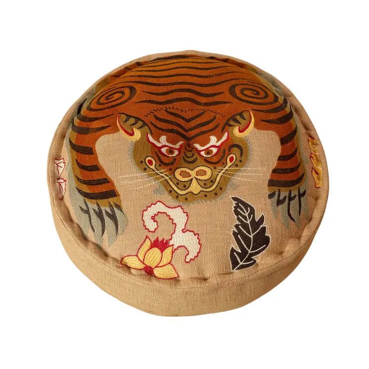 24" Beige and Brown Cotton Round Tiger Print Pouf Ottoman