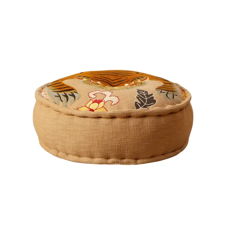 24" Beige and Brown Cotton Round Tiger Print Pouf Ottoman