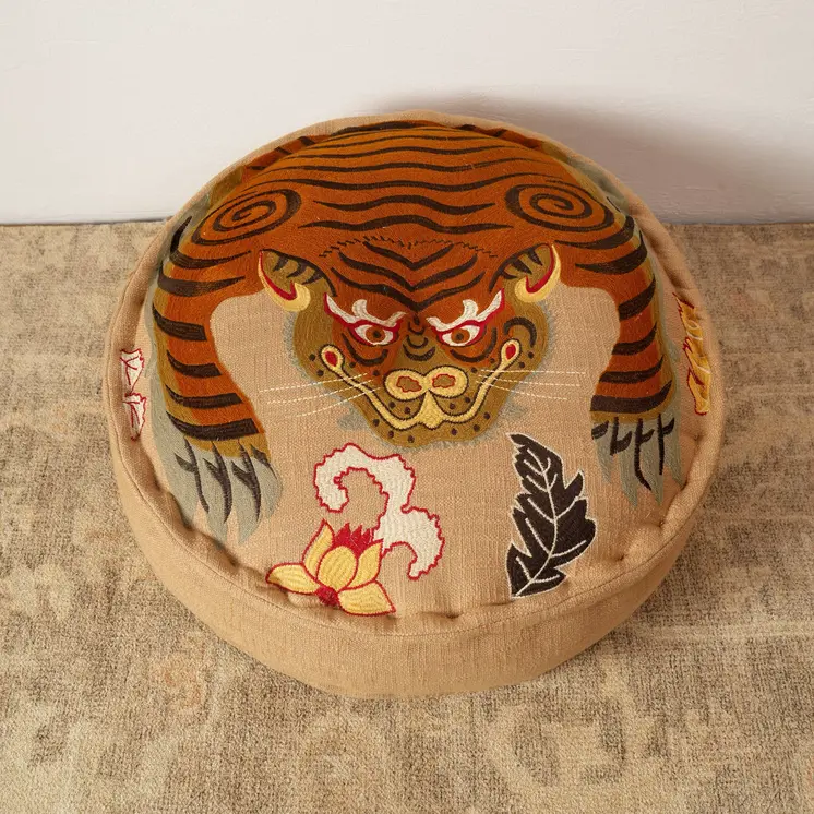 24" Beige and Brown Cotton Round Tiger Print Pouf Ottoman
