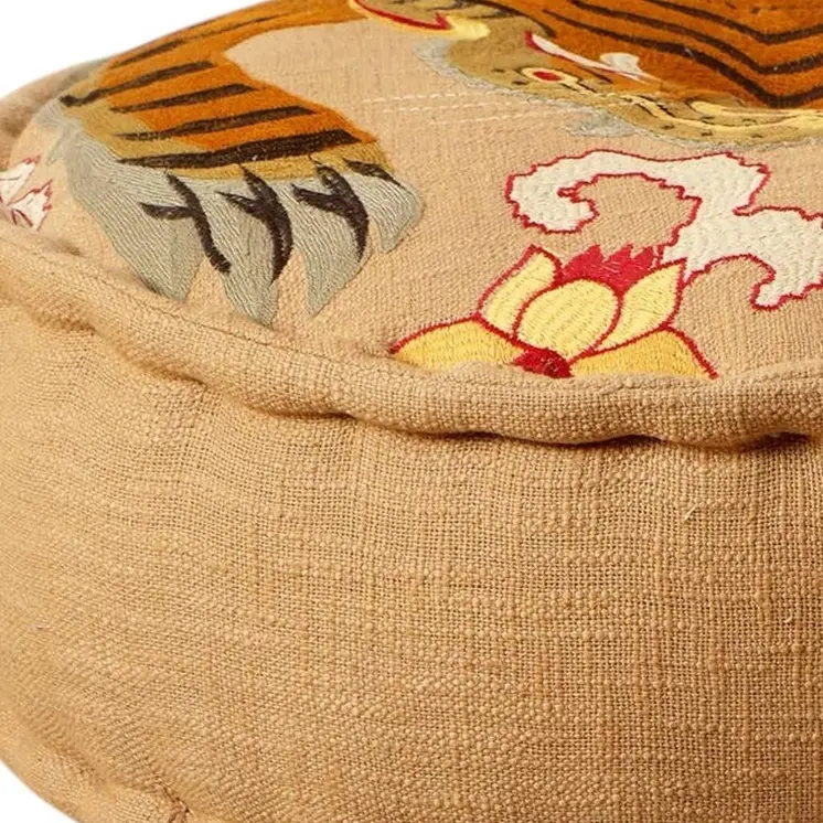 24" Beige and Brown Cotton Round Tiger Print Pouf Ottoman