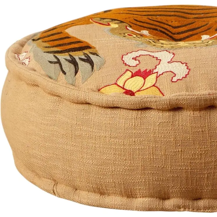 24" Beige and Brown Cotton Round Tiger Print Pouf Ottoman