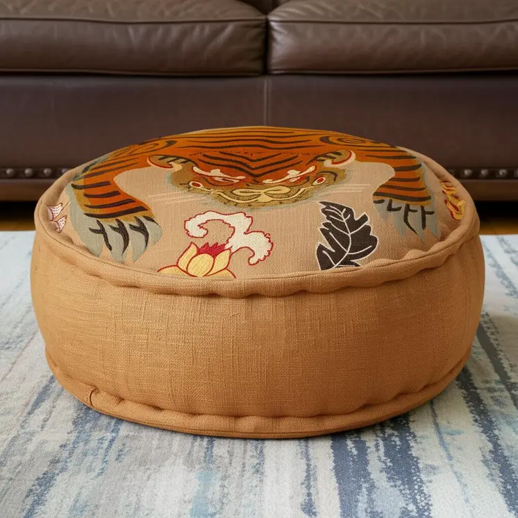 24" Beige and Brown Cotton Round Tiger Print Pouf Ottoman