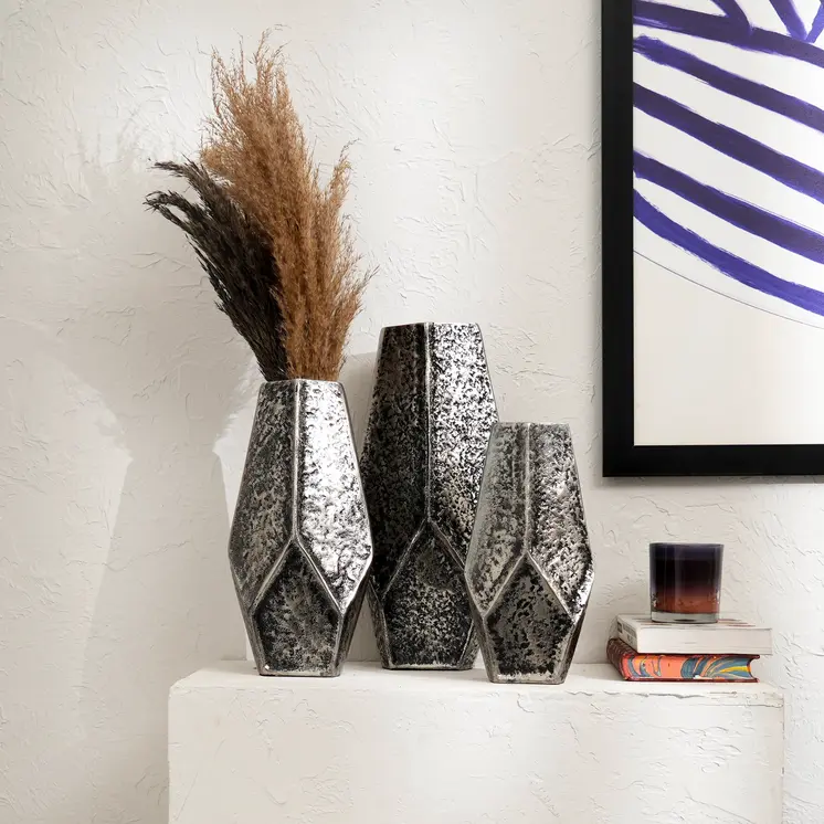 Set of Three Antiqued Silver Aluminum Urn Table Vases