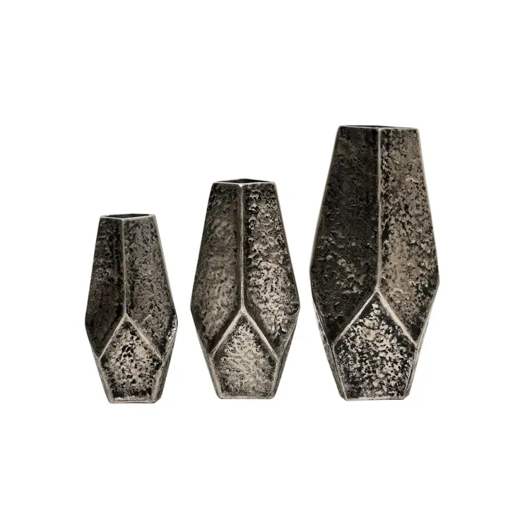 Set of Three Antiqued Silver Aluminum Urn Table Vases