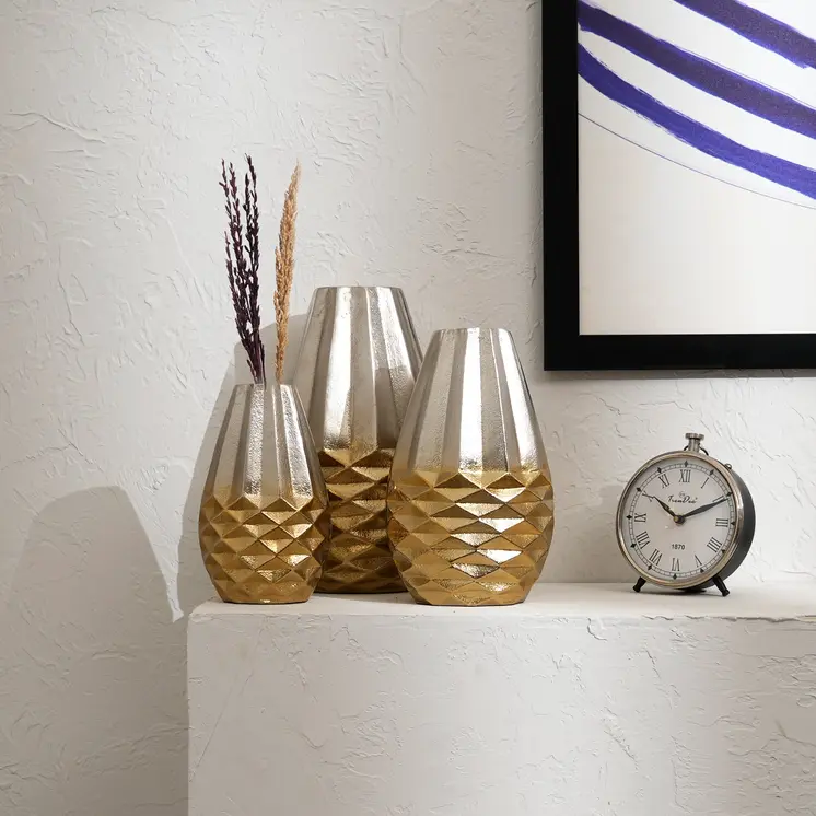 Set of Three Gold Aluminum Urn Table Vases