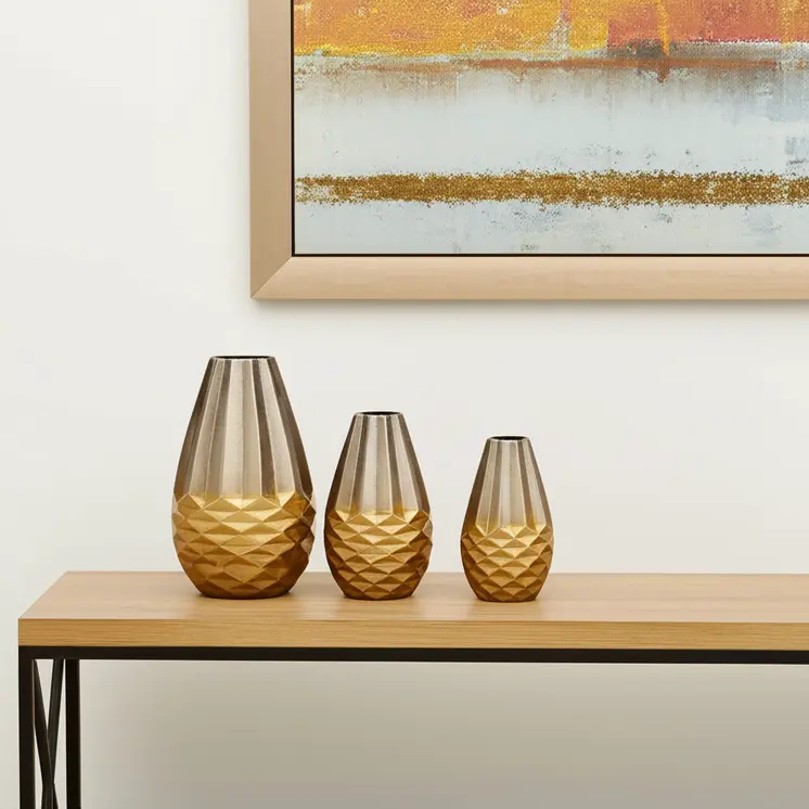 Set of Three Gold Aluminum Urn Table Vases