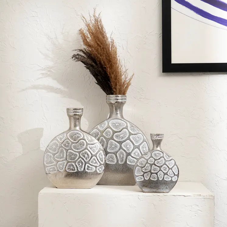 Set of Three Silver And White Abstract Aluminum Oval Table Vases