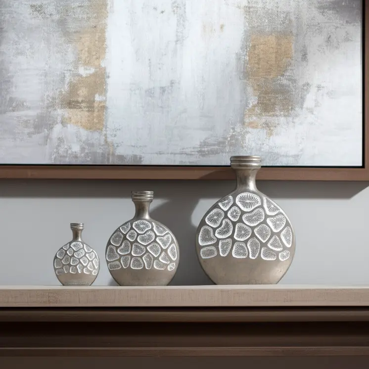 Set of Three Silver And White Abstract Aluminum Oval Table Vases