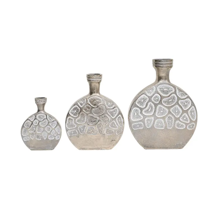 Set of Three Silver And White Abstract Aluminum Oval Table Vases