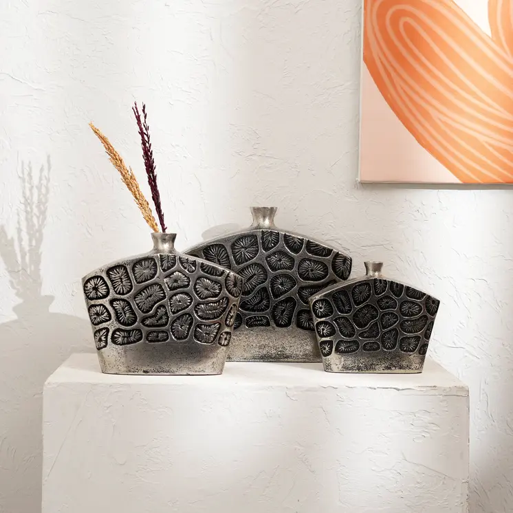 Set of Three Black And Silver Abstract Aluminum Urn Table Vases