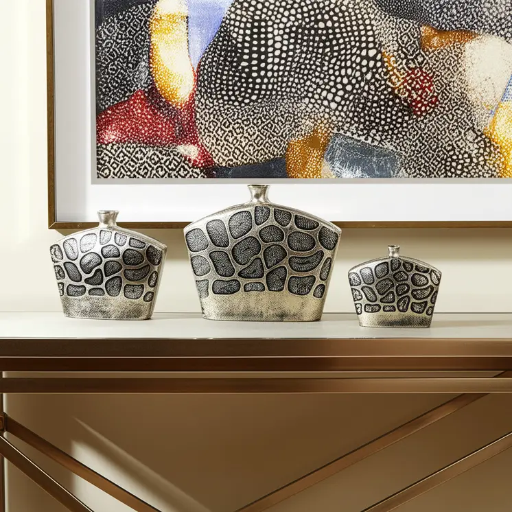 Set of Three Black And Silver Abstract Aluminum Urn Table Vases