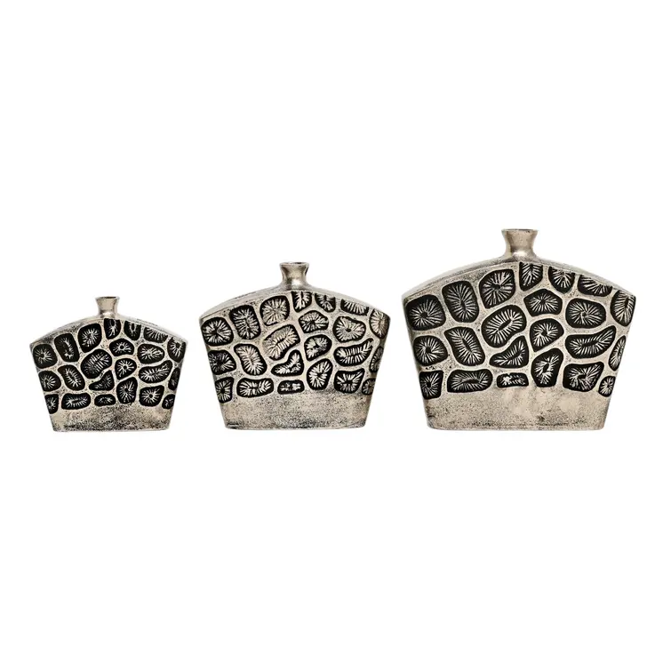 Set of Three Black And Silver Abstract Aluminum Urn Table Vases