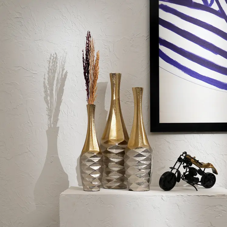 Set of Three Gold Aluminum Urn Table Vases